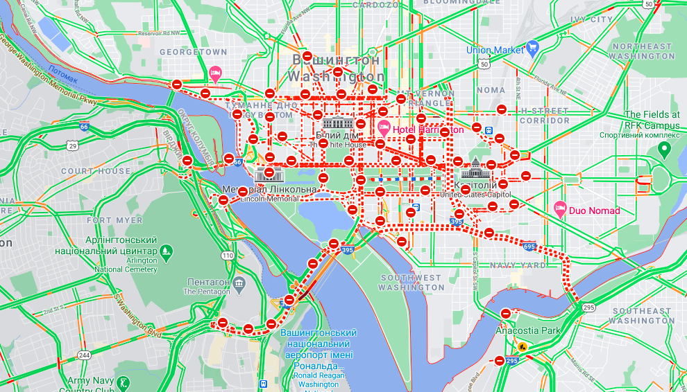 Вашингтон в день инаугурации Байдена: перекрытые дороги и множество военных